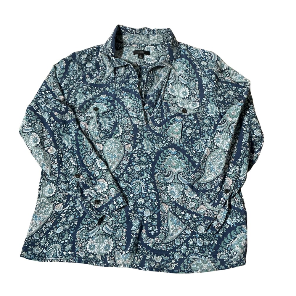 J.Crew Womens Bohemian Paisley 100%‎ Silk Popover Blouse Long Sleeve BB251 Small